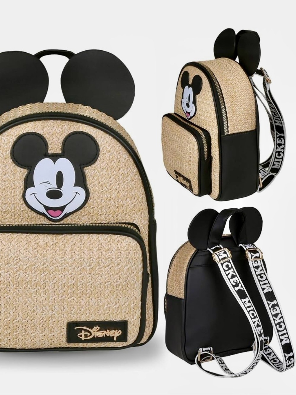 Disney Mickey Straw Mini Backpack Black and Beige New with Tags